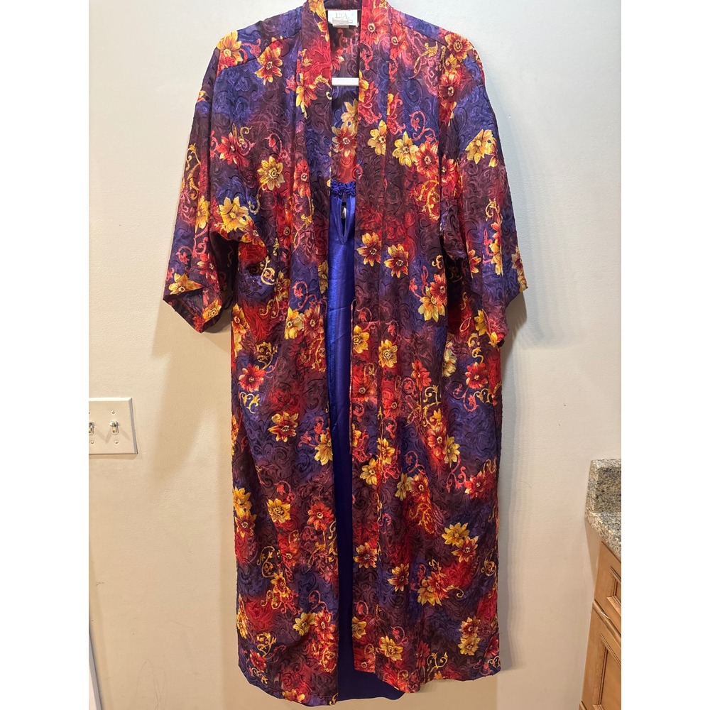NWT Vintage LA Intimates Purple Satin Slip Dress (Med) Floral Robe (Large) Set